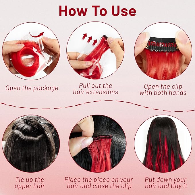 16 Pcs Colored Hair Extensions Curly Wavy Clip in Synthetic Hairpiece Streak for Girls Women Kids,Multi-colors Party Highlights Cosplay Festival Gift(Red)