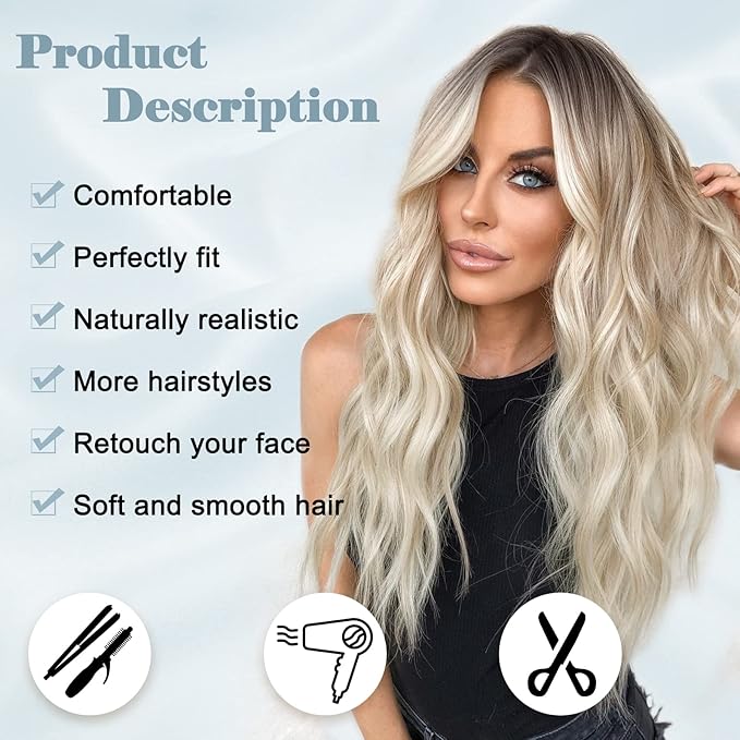 NAYOO Long Platinum Blonde Wavy Wig for Women 26 Inch Middle Part Curly Wavy Wig Natural Looking Synthetic Heat Resistant Fiber for Daily (Platinum Blonde)