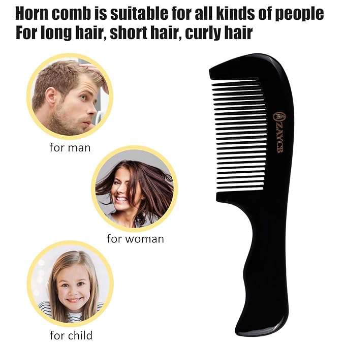 Hair Comb, 100% Buffalo Horn Fine Tooth Comb, Anti-Static Hair Styling Detangling Comb for Men, Women and Kids, For All Hair Types (Black)