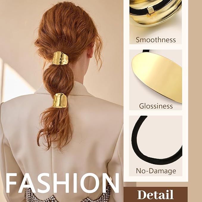 3PCS Gold Hair Ties, Metal Hair Ties for Thick Hair, Elegant Durable Geometric Design Hair Cuffs, Gold Hair Accessories Stretchy and Non-Damage Ponytail Holders 3 Style