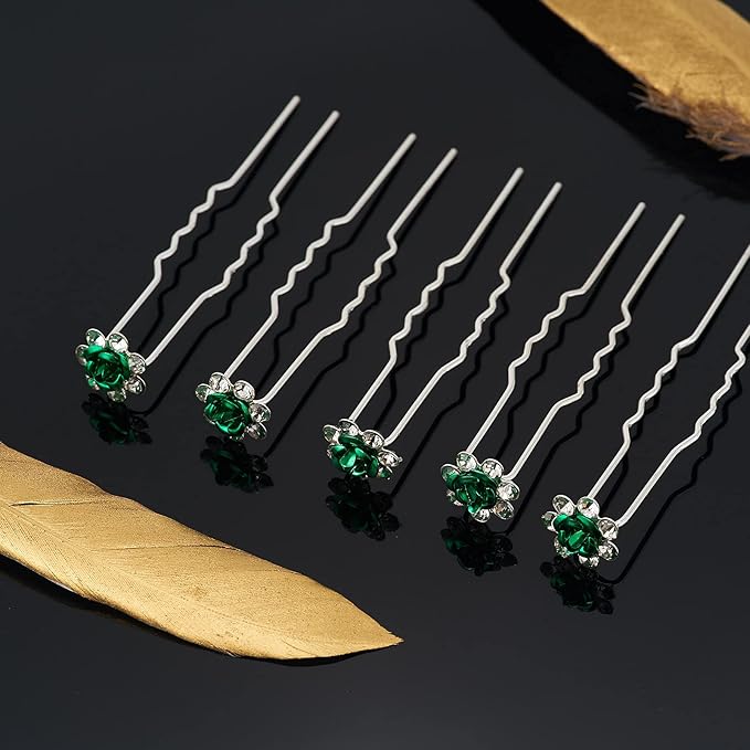 20 Pack (Green) Crystal Hair Pins Rose Flower Rhinestone Hair Clips for Bridal Wedding Women Hair Jewelry Accessories, with Clear Container