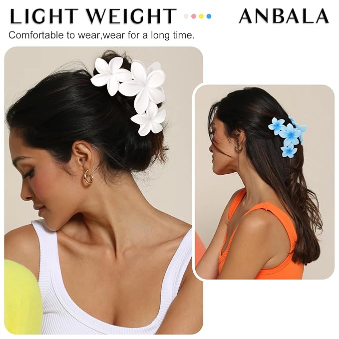ANBALA 4PCS Flower Matte Claw Clips for Thick Hair - Large Plumeria Hair Accessories for Women, Summer Beach Hair Clips (Colorful)