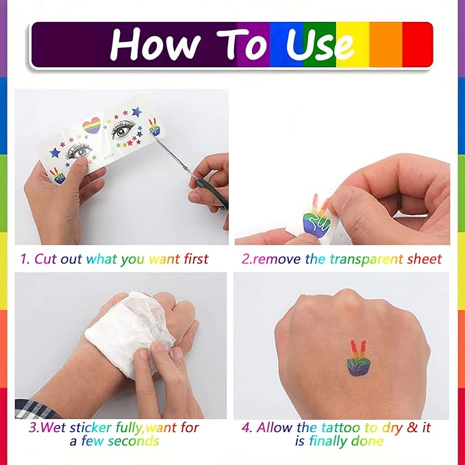 10 Sheets Pride Day Face Fake Tattoos Rainbow Temporary Tattoos Adult Rainbow Hearts Butterfly Ribbons Crown Colorful Love Tattoo Kit Gay LGBTQ Pride Day Parade Party Eye Makeup Face Decor Supplies