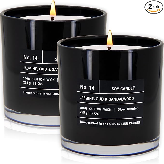 Lulu Candles | Jasmine, Oud & Sandalwood | Luxury Scented Soy Jar Candle | Hand Poured in The USA | Highly Scented & Long Lasting (9 Oz. 2 Pack)