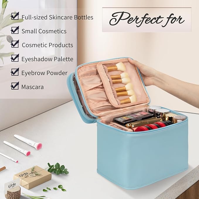 OCHEAL Large Makeup Bag, Double Layer Makeup Bag, Vertical Storage Cosmetic Case for Women/Girls with Multiple Compartments-Blue-xl