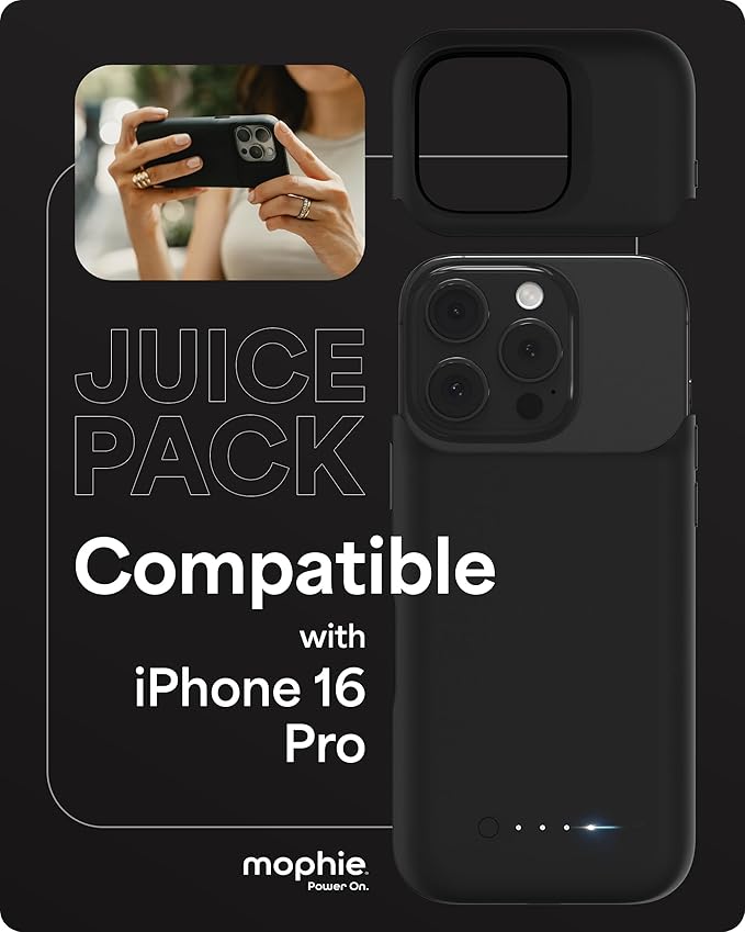 mophie Juice Pack Battery Case for iPhone 16 Pro - Slim Charging Case, Magnetic Back for Wallets & Mounts, +50% Extra Battery Life, Enhanced 6-Foot Drop Protection, Sustainable Material, Black