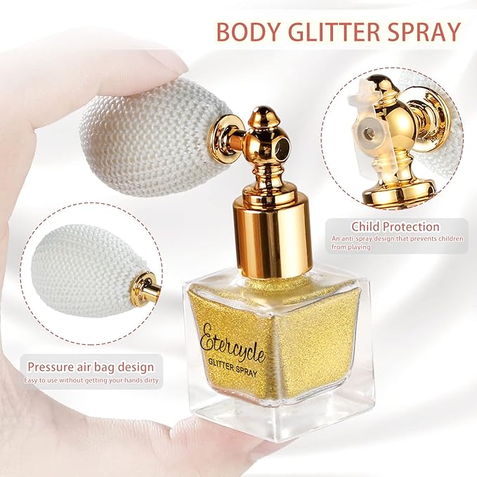 Etercycle Gold Body Glitter Spray, Shimmering Spray Powder Sparkle Powder, Cosmetic Shimmer Makeup Glitter for Hair and Body Face Clothes Nail Art Craft Design Easter Christmas Halloween Crafts