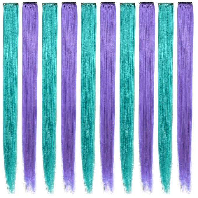 20 Inch Colored Party Highlights Straight Hair Clip Extensions Heat-Resistant Synthetic Hair Extensions in Multiple Colors 12PCS(Teal Lavender)