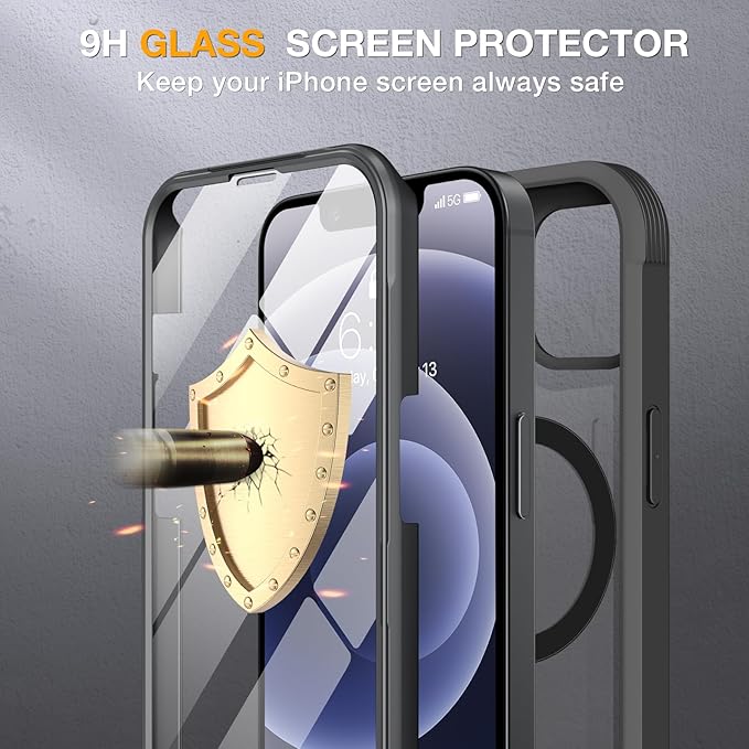 Miracase Magnetic Glass Series for iPhone 12/12 Pro - Full-Body Rugged Protective Case with Built-in 9H Tempered Glass Screen Protector and Camera Lens Protector, Magnetic Black