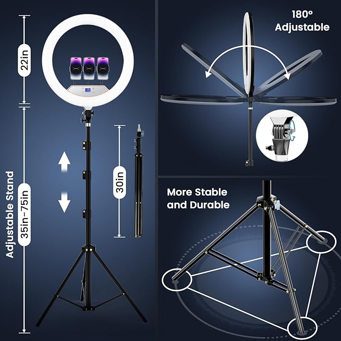 22in Large Ring Light with Stand,512pcs Bulbs Big Ring Light with 75" Tripod for iPhone/LED Display/4 Clips/2 USB Ports,2600K-6500K Dimmable Barber Light,for TikTok Video Recording Tattoo Lash Makeup