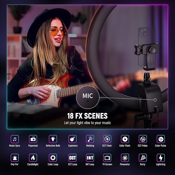 NEEWER SRP18C 18 Inch RGB LED Ring Light Kit with Reversible Tripod Light Stand App Control Phone Holder Compatible with iPhone, Ultra Slim Ringlight for Makeup Video Recording Selfie Studio Streaming