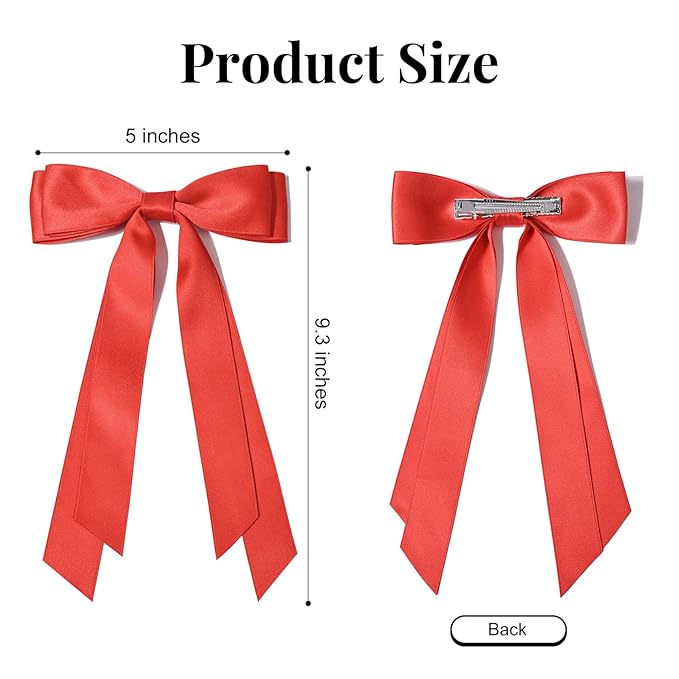 2PCS Silky Satin Hair Bows Hair Clip Red Hair Ribbon Ponytail Holder Accessories Slides Metal Clips Hair Bow for Women Girls Toddlers Teens Kids