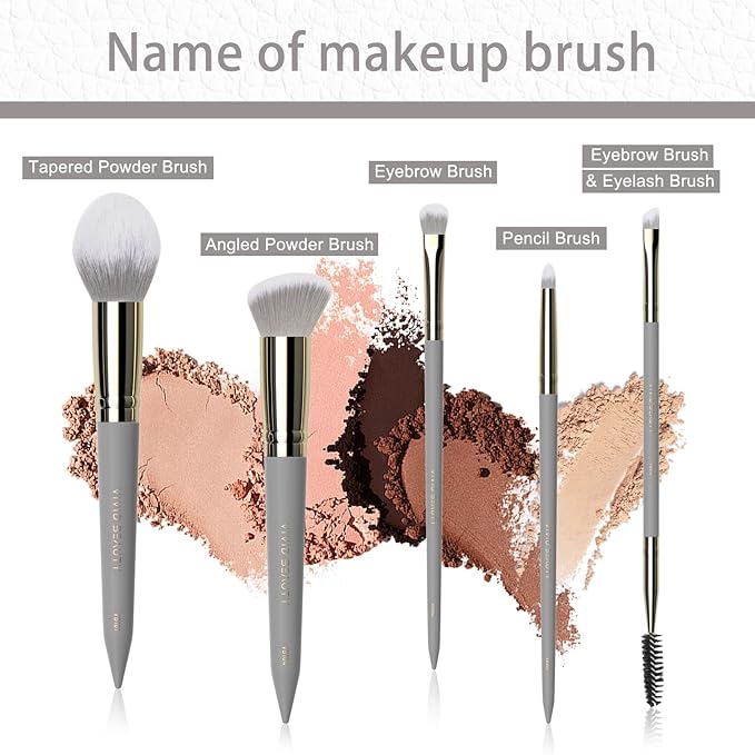 5pcs Travel Makeup Brush Set – Face & Eye Basic Brushes for Powder, Blush, Crease, Eyeshadow, Eyesbrow & Eyelash – Soft, Skin Friendly Synthetic Fiber – Your Make up Essential Brush Kit (Grey)