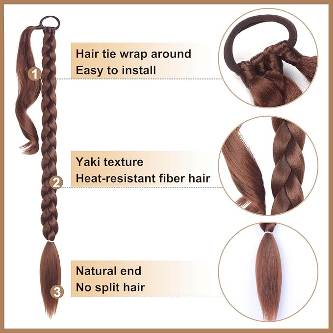 2 Pack Long Braided Ponytail Extension with Hair Tie Straight Wrap Around Hair Extensions Ponytail(6#)