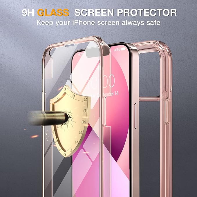 Miracase Glass iPhone 13 Case 6.1 inch, 2023 Upgrade Full-Body Clear Bumper Case with Built-in 9H Tempered Glass Screen Protector for iPhone 13,Clear Pink