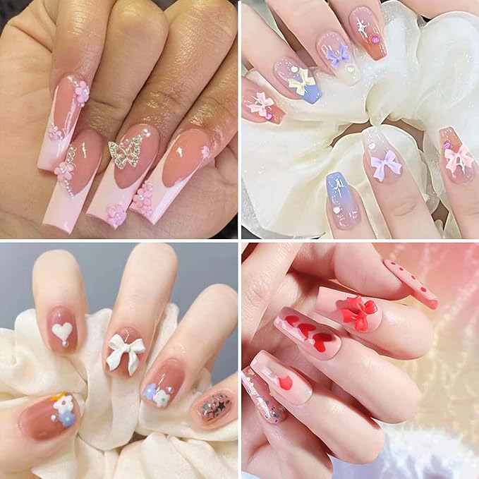 3D Butterfly Flower Nail Charms Acrylic Colorful Flowers Nail Charms with Starry AB Crystals Rhinestones Multi Sizes Pearls 2 Piece Set