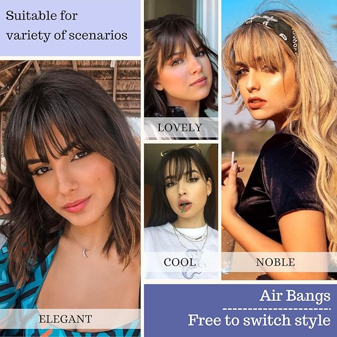 NAYOO Bnags Hair Clip- Dark Brown Fake Bangs 100% Real Human Hair Extensions Wispy Bangs for Women Fringe with Temples Hairpieces Curved Bangs for Daily Wear(Dark Brown Wispy Bangs)