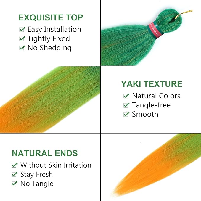 Ombre Green-Orange Pre stretched Braiding Hair 2 Packs Pre feathered Braid Hair Extensions 30 Inches Hair Braids