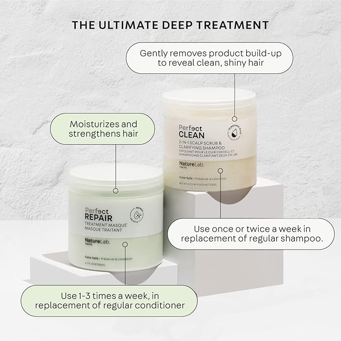 NATURELAB. TOKYO Perfect Clean & Repair Treatment Duo: Perfect Clean 2-in1 Clarifying Scalp Scrub and Shampoo 8.1 oz & Perfect Repair Treatment Masque 6.7 oz