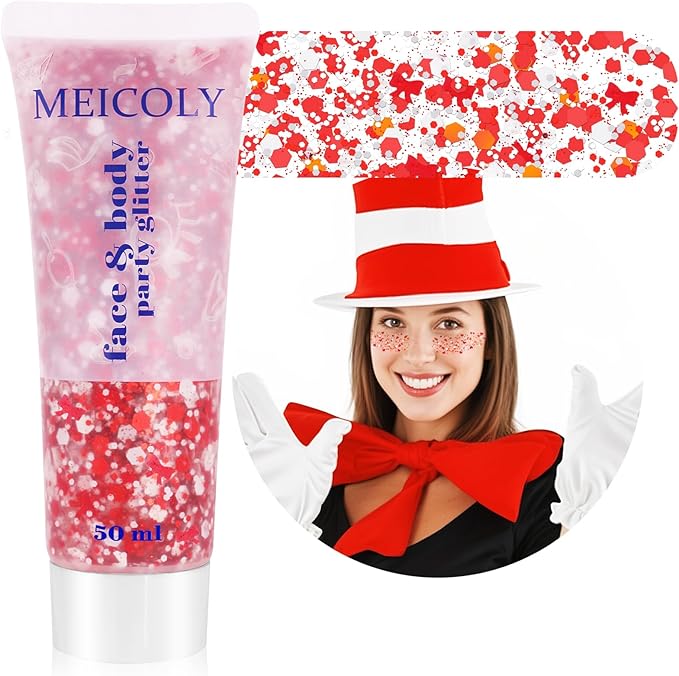 MEICOLY Red and White Face Body Glitter for Reading Week World Book Day,Dr. Week Seuse Costume Accessory for Kids Adults,Book Character Costumes for Kids,Cosplay Accessories for Halloween Festival