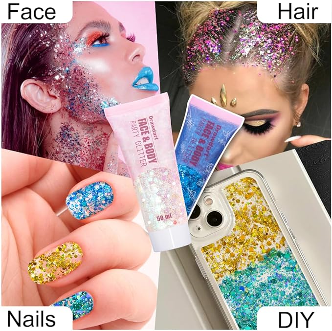 Face & Body Glitter,Cosmetic-Grade Holographic Glitter Gel,50ml Silver Hair Glitter Gel,Rave Glitter,Mermaid Makeup Glitters for Women - Vegan & Cruelty Free