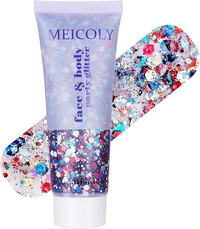 MEICOLY Red White and Blue Body Glitter,4th of July Accessories,4th of July Outfits for Women Kids,Fourth of July Patriotic Face Glitter for Independence Day President's Day Patriotic Veterans Day