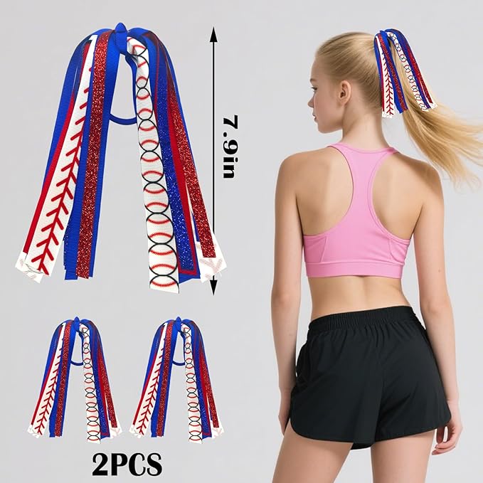 2pcs Baseball Ponytail Holders Hair Ribbons Streamer Red Blue Baseball Glitter Elastic Hair Ties Band Hair Scrunchies Game Day Party Decor Accessories Back School Gift for Women Cheerleader Fans