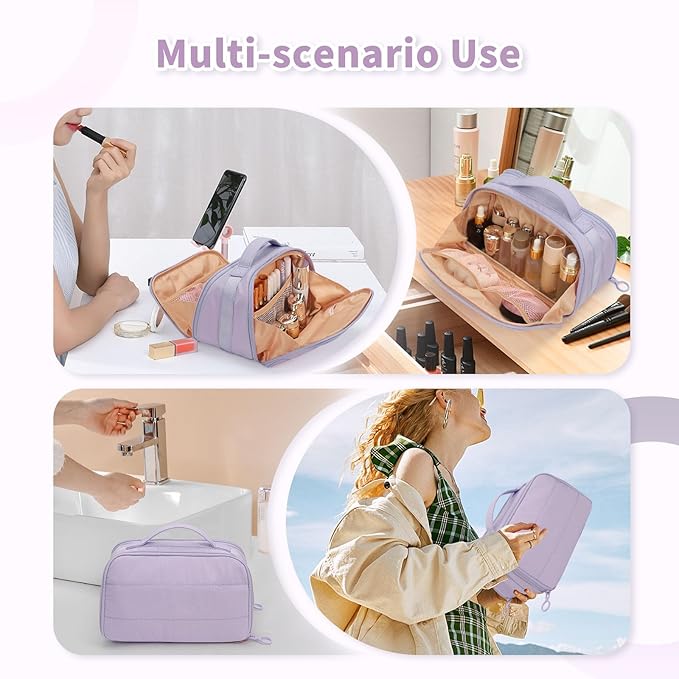 OCHEAL Travel Makeup Bag - Wide Open Cosmetic Bag for Women Make up with Two Compartments, Portable Lightweight Roomy Organizer Toiletry Bag for Girls Skincare tools Accessories-Purple