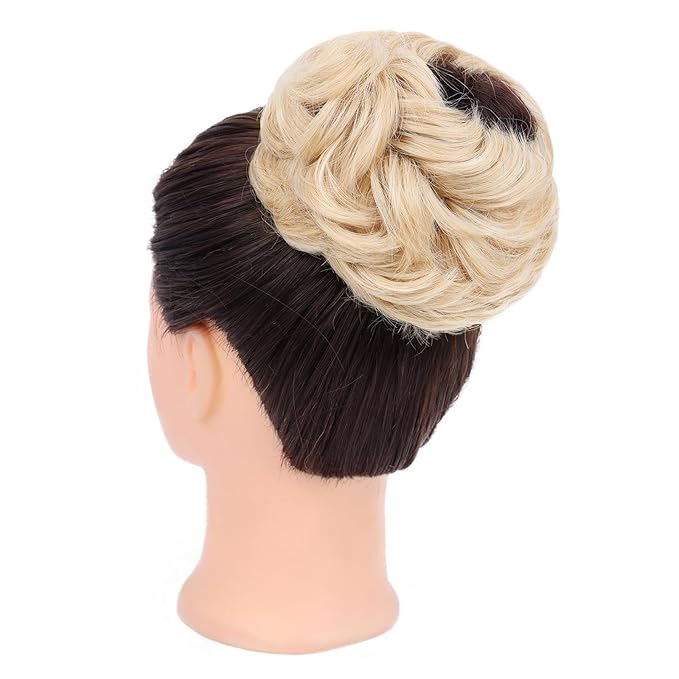 MORICA 1PCS Messy Hair Bun Hair Scrunchies Extension Curly Wavy Messy Bun Hair Synthetic Chignon Hairpieces for Women(22/613#(Pale Golden Blonde & Bleach Blonde Mixed))