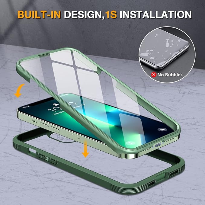 Miracase Glass Case for iPhone 13 Pro Max 6.7 inch, Upgrade Full-Body Clear Bumper Case with Built-in 9H Tempered Glass Screen Protector (Acacia Green)