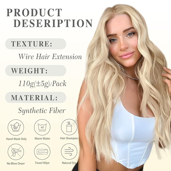 MORICA Invisible Wire Hair Extensions - 20 Inch Hair Extensions Halo Ash Blonde Mix Bleach Blonde Long Wavy Synthetic Hairpiece with Transparent Wire Adjustable Size, 4 Secure Clips for Women
