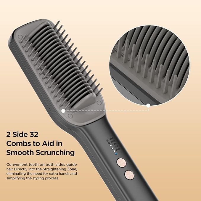 Hair Straightener Brush, Negative Ion Flat Iron & Straightening Comb 2 in 1 with Convenient Comb, Fast Heating, Anti-Scalding, 30s Fast Heating, 5 Temp Settings 284℉ - 392℉ (Gunmetal Gray)