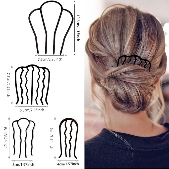8 Piece Hair Side Combs Metal Hair Fork Clip with Teeth Hair Pin Stick for Updo Bun, U Shape Hair Combs Hair Tool for Vintage Hairstyle Hair Accessories, Black (4 Size)