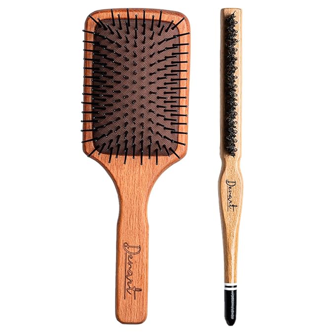 2 Packs Wooden Hand Made Detangling Paddle and Teasing Boar Bristle Hairbrush, Comfortable Gently Detangles, Reduce breakage, Pain-Tangle Free Brushing, All Wet, Dry Hair Types, Women, Men