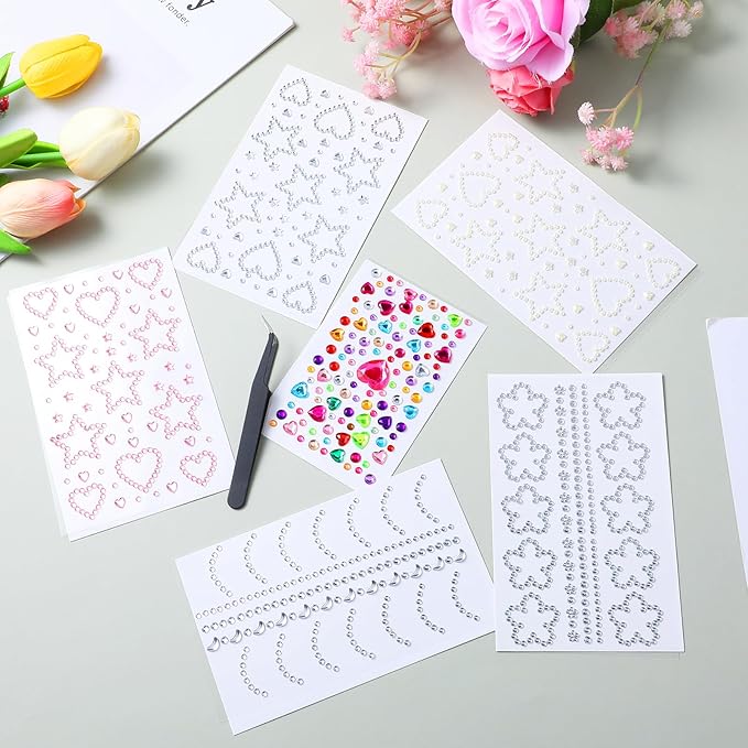 6 Sheets Face Gem Stickers Bling Heart Sticker With Tweezer Self-Adhesive Rhinestone Jewel Stickers Assorted Shapes Eye Jewels DIY Face Gems Stick on Hair Accessories For Girls for Makeup Body Crafts