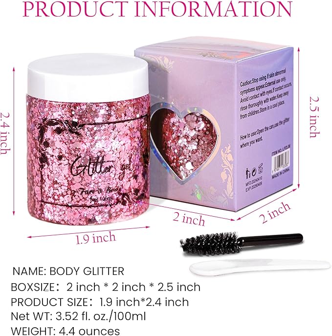 DAGEDA Pink Body Glitter, 100ml Chunky Glitter Rave Accessories for Festival, Face Glitter for Mermaid Makeup, Holographic Hair Glitter for Rave Party Large Capacity Glitter with Tools