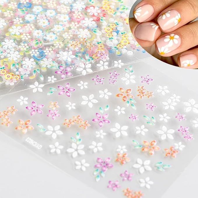 30Sheets Flower Nail Art Sticker 3D Self-Adhesive Nail Art Supplies Colorful Flowers Rose Daisy Cherry Blossoms Nail Decals Pink Floral Nail Design Cute Heart Nail Sticker for Acrylic Nails Decoration