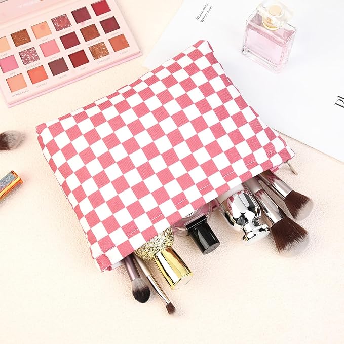 2 Pcs Checkered Makeup Bag Large Cosmetic Bag Toiletry Bag Makeup Pouch Travel Bag Organizer Cute Makeup Brushes Aesthetic Accessories Storage Bag for Women Peach Pink