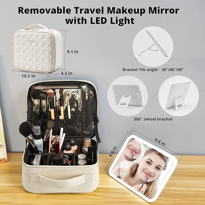 Omobolanle Makeup Bag with Mirror Led Light Detachable Portable Make up Travel Train Case with Adjustable Dividers and 10x Magnifying Mirror Beige