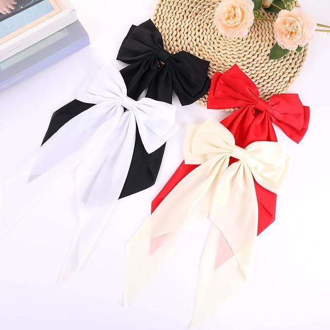 Silky Satin Oversized Hair Bows for Women Girls 4 PCS Hair Ribbon Bow Hair Clips with Long Tails(Black, White, Red, Beige )