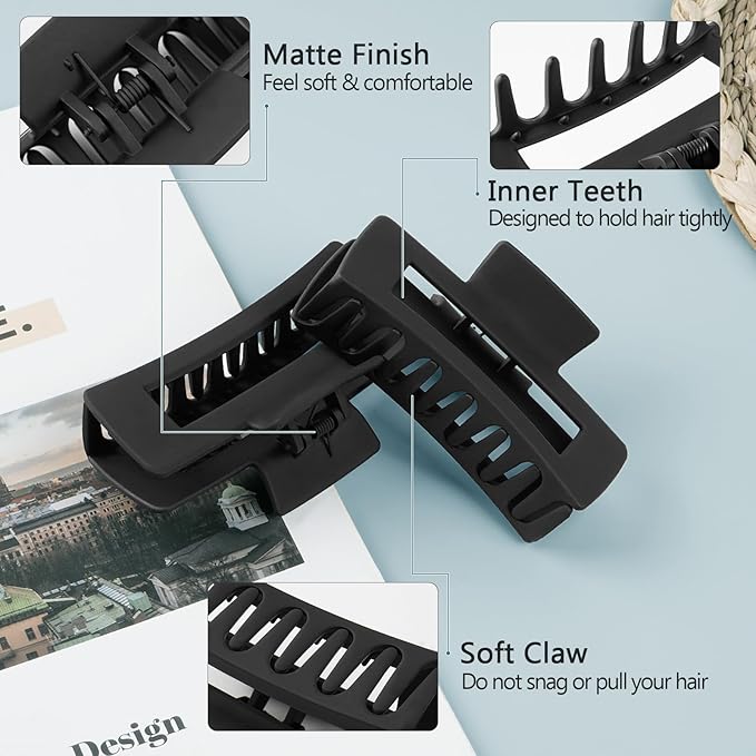 TOCESS 8 Pack Black Big Hair Claw Clips for Women Large Claw Clip for Thin Thick Curly Hair 90's Strong Hold 4.33 Inch Nonslip Matte Jumbo Hair Clips