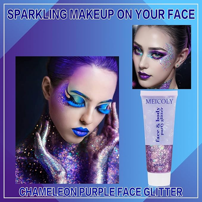 MEICOLY Chameleon Purple Face Body Glitter,Mardi Gras Outfit for Women,Mardi Gras Accessories,Chunky Glitter Face Paint,Color Changing Mermaid Face Glitter,Festival Glitter Makeup for Face Body Hair