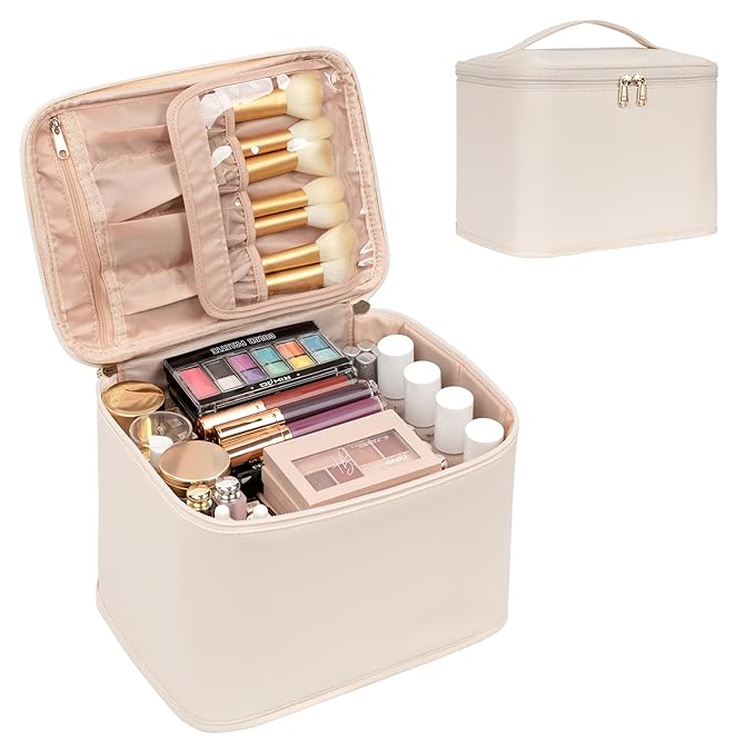 OCHEAL Makeup Bag, Portable Cosmetic Bag, Large Capacity Travel Case Organizer, Makeup Bags For Women Toiletry Bag for Girls Traveling With Handle and Divider- Beige Large