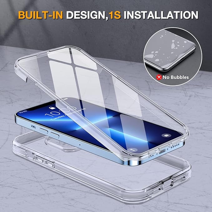 Miracase Glass Series for iPhone 13 Pro Max Case 6.7 Inch, Full-Body Protective Bumper Case with Built-in 9H Tempered Glass Screen Protector and Camera Lens Protector, B-Clear