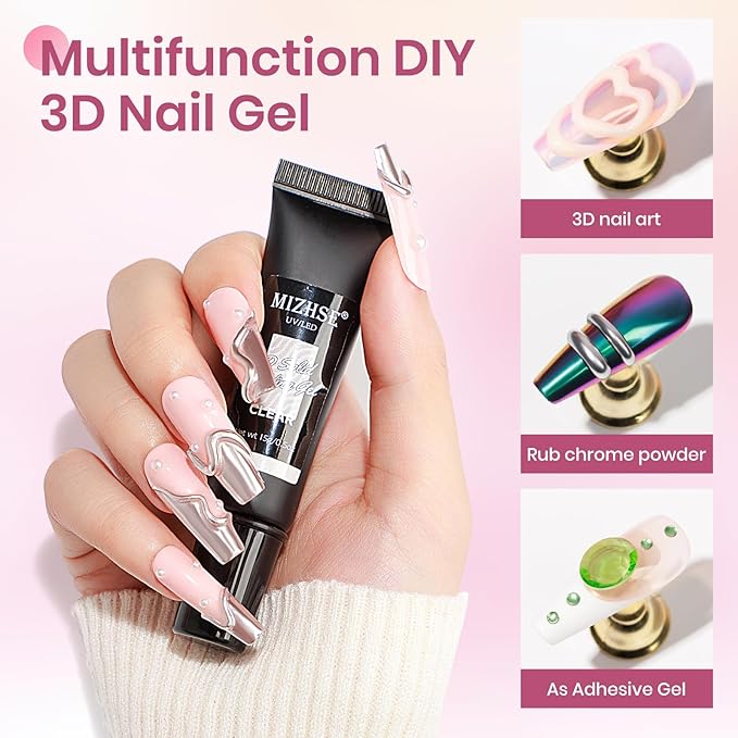 MIZHSE 3D Nail Gel, 2 Pcs 15g 3D Gel Nail Art Sculpting Gel for Nail Art, No Wipe Clear and Milky White Molding Gel for Nails Art Decoration Manicure Charms Home DIY
