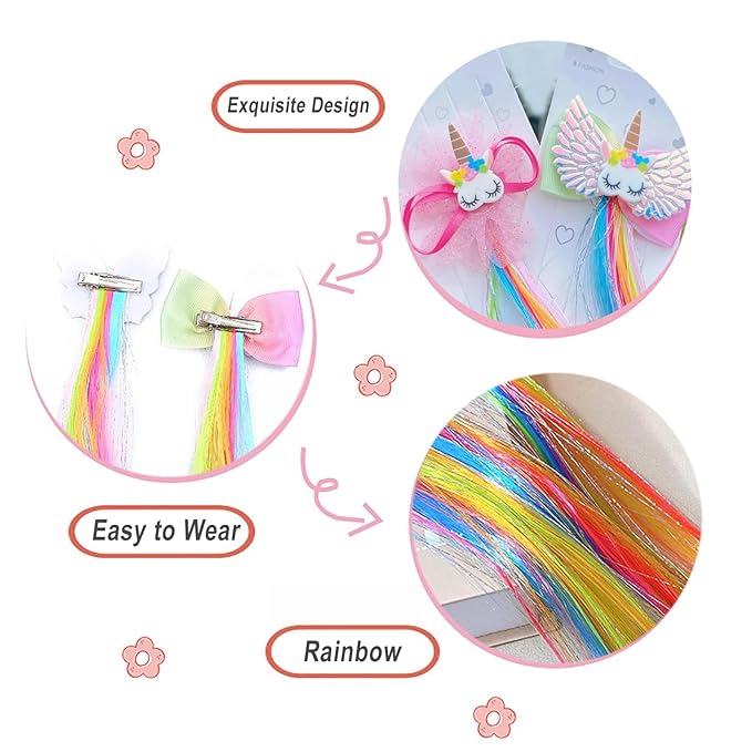 6 Pcs Hair Clips for Girls, Rainbow Hairpieces Hair Extensions Cute Colored Hair Clips for Kids Little Girls