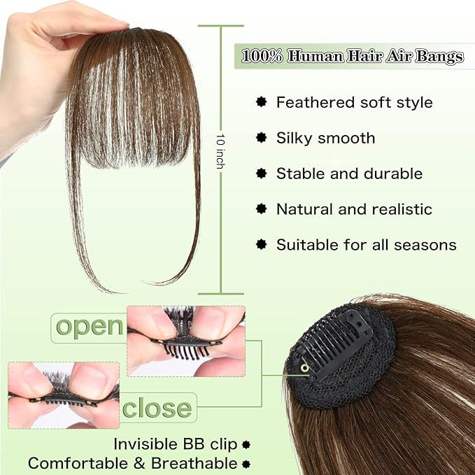 NAYOO Bangs Hair Clip -Medium Brown Fake Bangs 100% Real Human Hair Extensions Wispy Bangs for Women Fringe with Temples Hairpieces Curved Bangs for Daily Wear