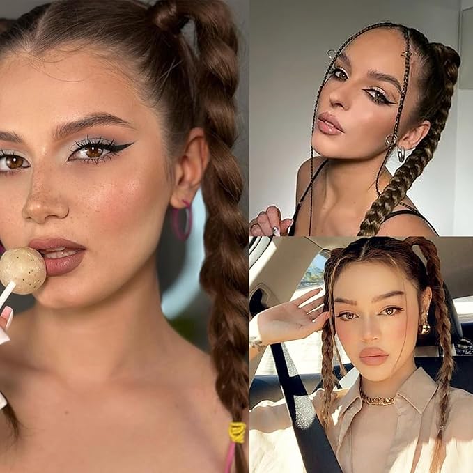 2Pcs Braided Ponytail Extensions with Hair Ties Light Brown Soft 16 Inch Synthetic Hair Pieces for Women Daily Wear Hair Accessories Styling Tools