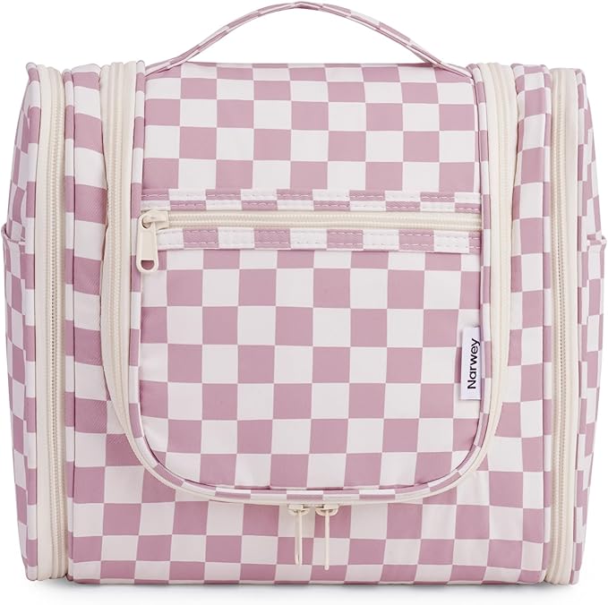 Narwey Checked Hanging Travel Toiletry Bag for Women, Travel Bag for Toiletries, Makeup Bag Organizer Cosmetic Bags Make Up Bags for Women (Dusty Rose Checkerboard)