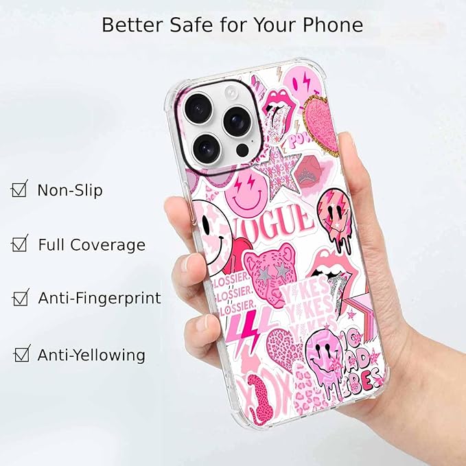 Case for iPhone 16 Pro Max with Pink Design,Aesthetic Hippie Indie Popular Elements Pattern,Shockproof Soft TPU Bumper Phone Cover(16pm,Pink)